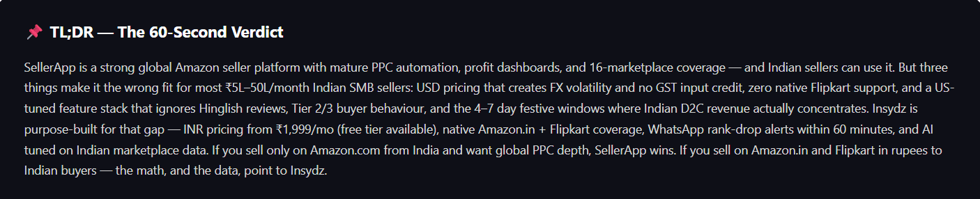 SellerApp vs Insydz Comparison Dashboard
